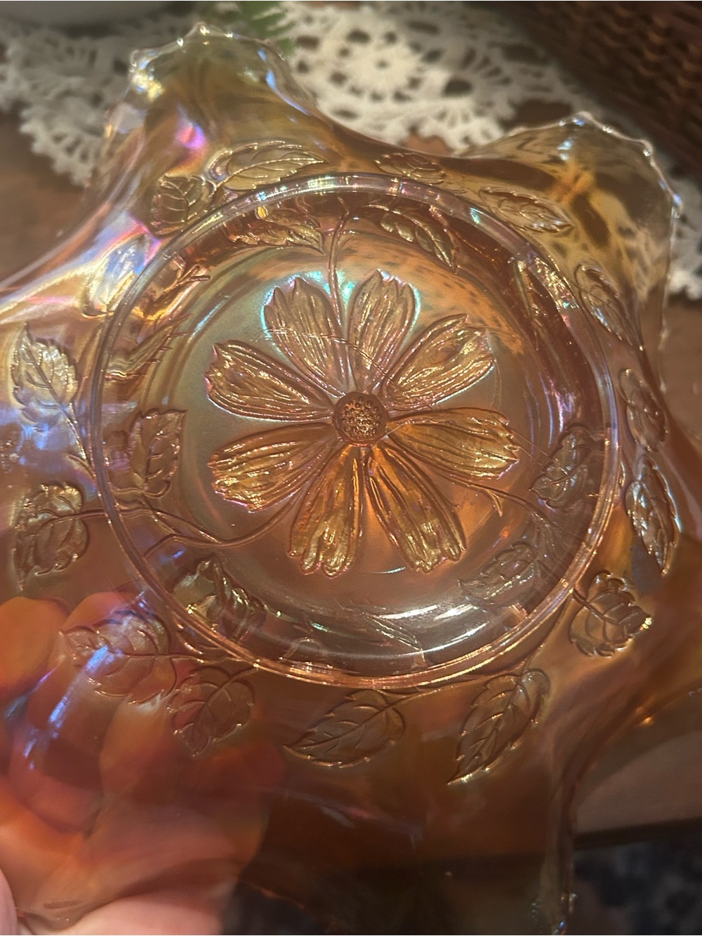 Carnival Glass Daisy Bowl - Iridescent Amber Home Art